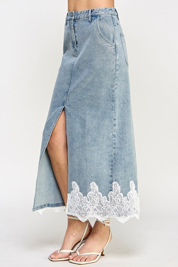 Lace Trim Denim Skirt